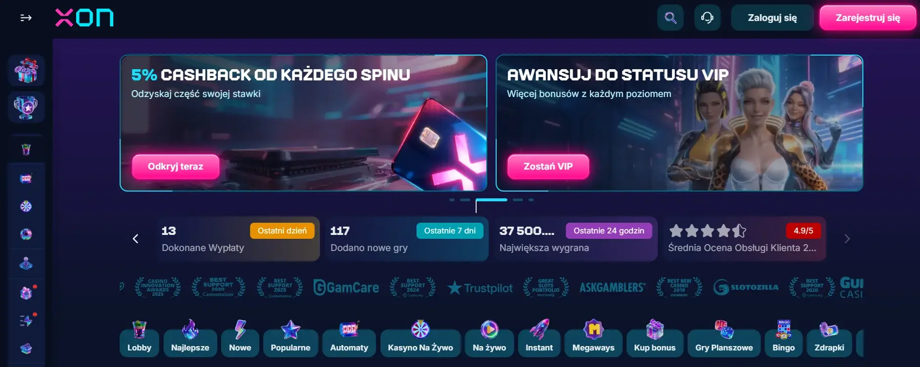 Widok strony Xon.bet